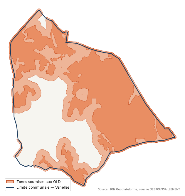 Carte des zones soumises aux obligations légales de débroussaillement à Venelles (13)