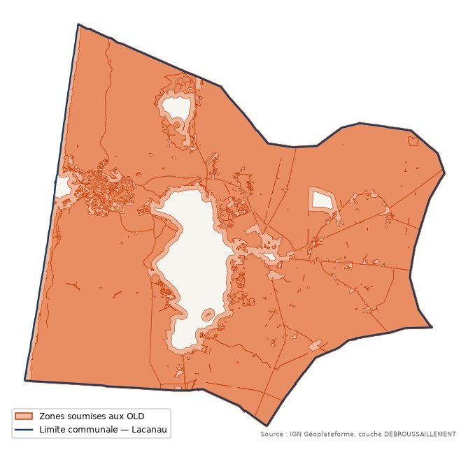 Carte des zones soumises aux obligations légales de débroussaillement à Lacanau (33)