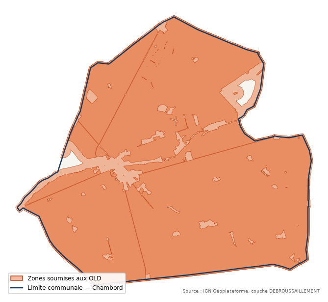 Carte des zones soumises aux obligations légales de débroussaillement à Chambord (41)